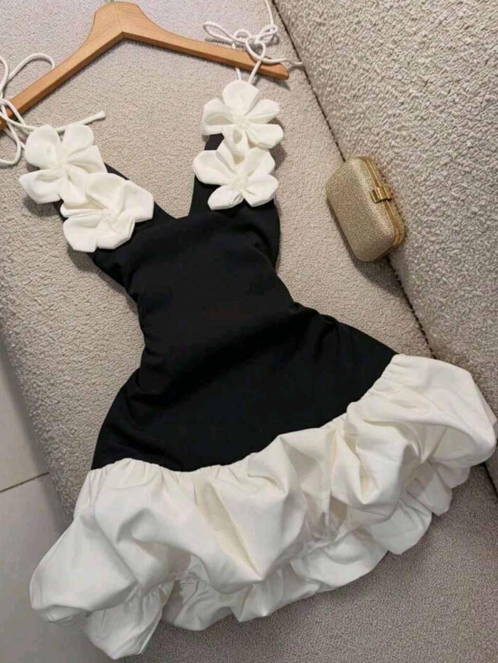 Black & White Ruffle Mini Dress With Floral Straps
